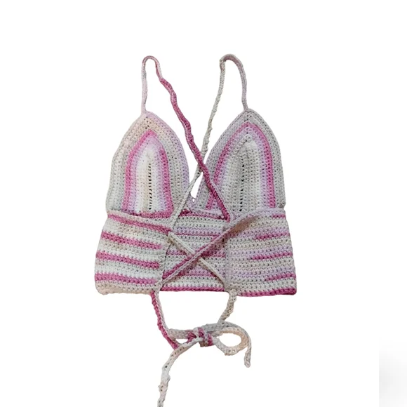 Crochet Cropped Halter Top Womens Medium Boho 90s Y2K Festival Balletcore Barbie - Picture 2 of 2